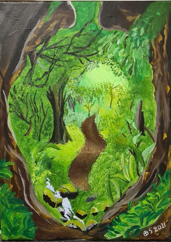Skogsväg,Träd,Stenar. Akryl på kanvas