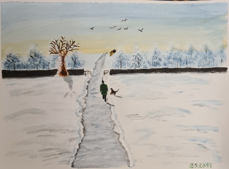 Vinterlandskap,Promenad,Hund. Akryl på akrylpapper