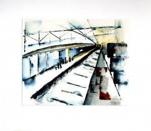 akvarell,tåg,station. akvarell i glas och ram