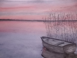 Spegling,Sjö,Solnedgång. Akvarell på saunders waterford. Säljes