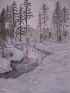 Skog,Vinter,Vatten. Akvarell på saunders waterford. Säljes