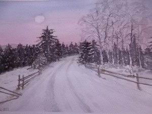 Vinter,Natt,Natur. Akvarell på saunders waterford. Säljes