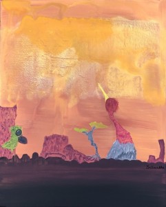 Brun,Fågel,Orange. Originalmålning på deep edge canvas