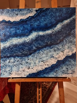 Abstrakt,Oljemålning,Blått. Oljemålning på pannå.
Toner i blått.
Blandteknik.
54x60x0.3