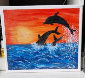 Delfin i solnedgång. Akryl,Canvas,Hav