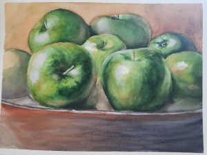 Gröna äpplen. äpple,akvarell,