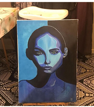 Porträtt,Abstrakt,Akrylmålning. Ett porträtt med blå nyanser