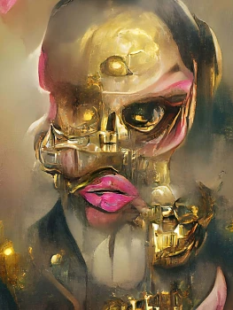 ansikte,guld,rosa. Digital målning tryckt på akvarellpapper.