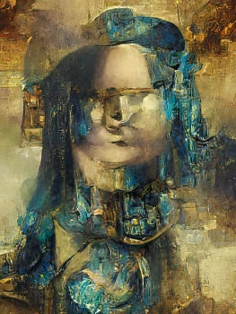 ansikte,guld,blå. Digital målning tryckt på akvarellpapper.
