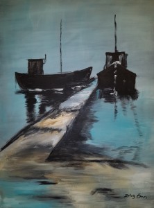 Båt,Målning,Akryl. Akryl målad med skrapa, kniv
