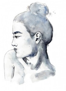 akvarellmålning,porträtt,blå. Porträtt av kvinna i profil.